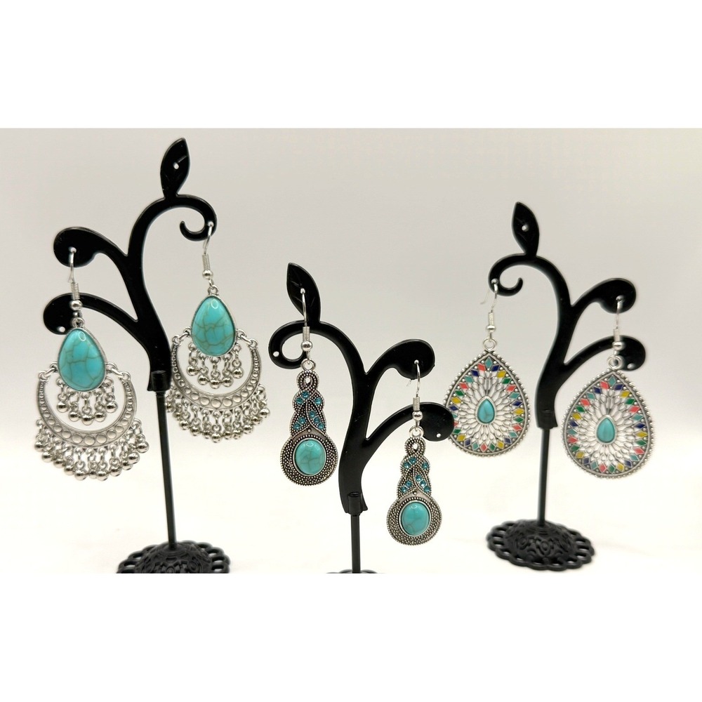 Turquoise Look Silver Tone Statement Earrings‎ Bundle of 3 Boho Tribal Set NWOT